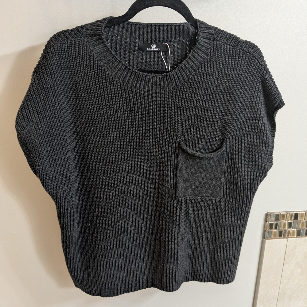 Gray Knit Sweater Vest with Pocket